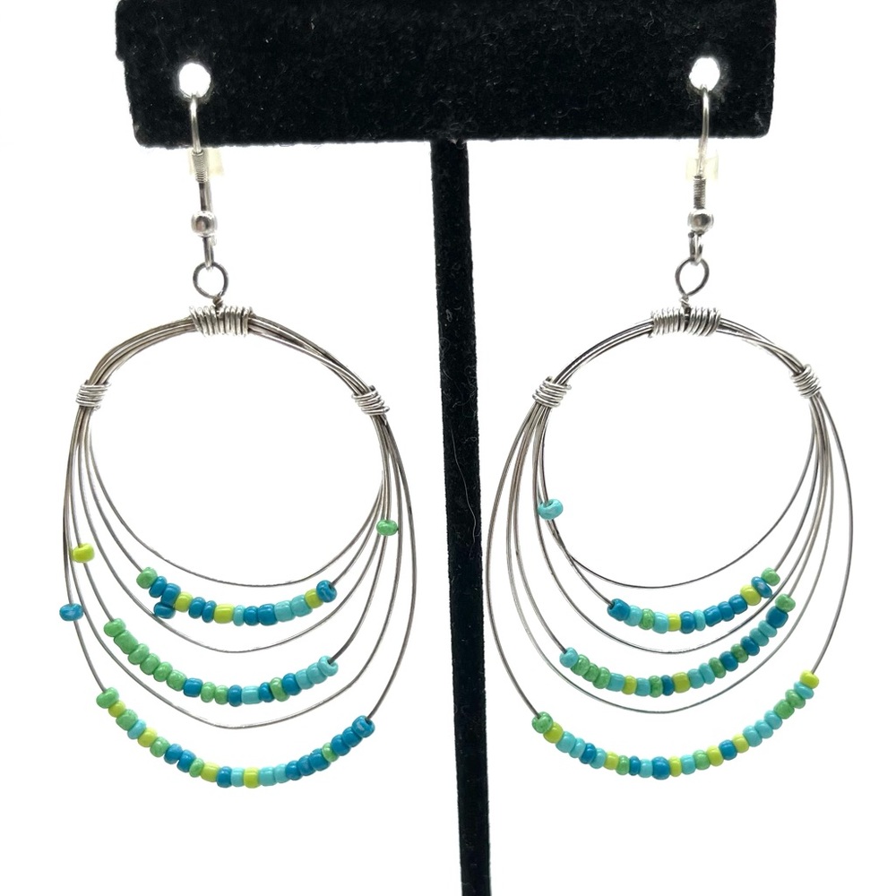 Colorful Beads Wire Hoops in Silver Tone